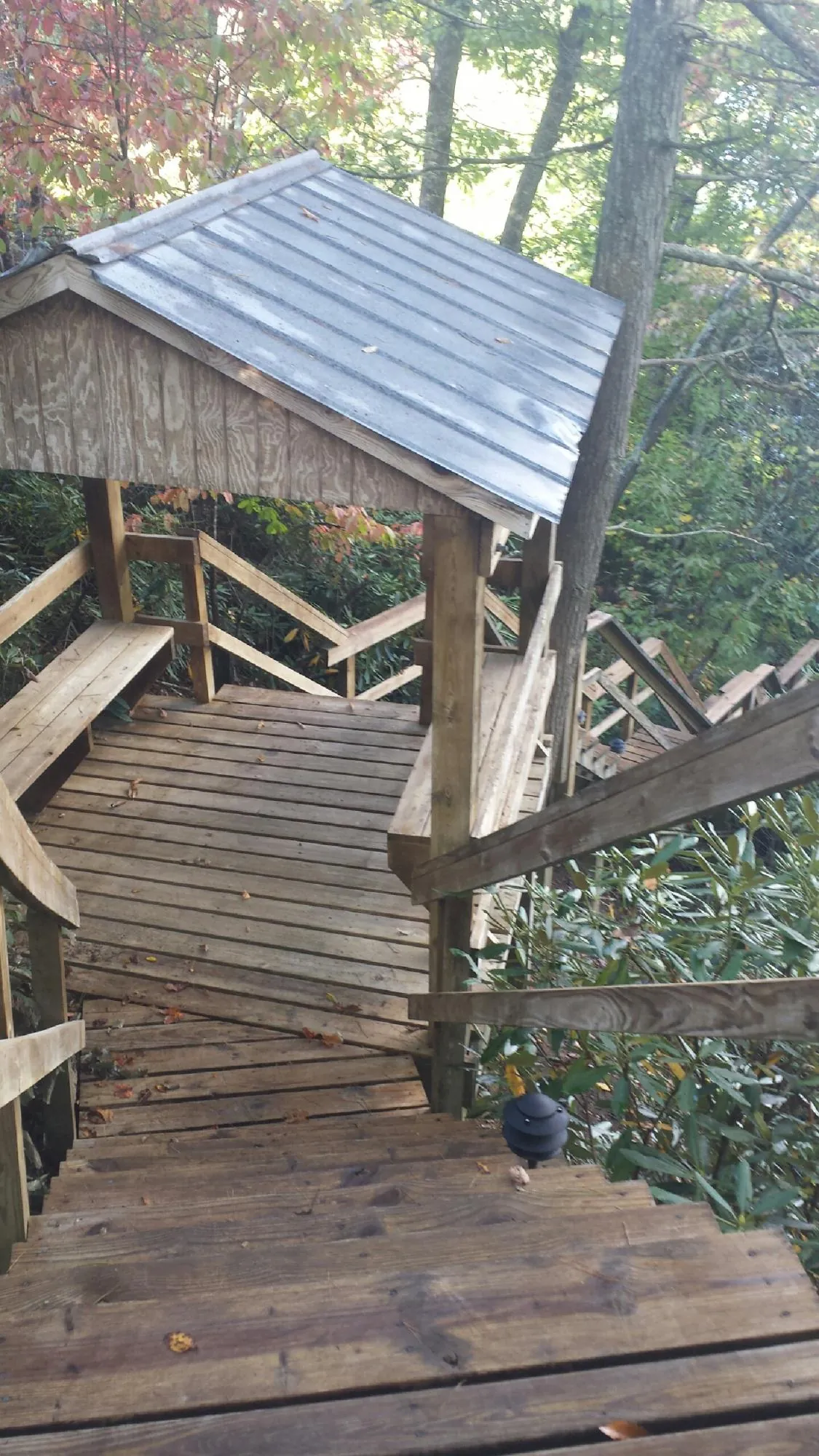Metal roofed shelter over wooden steps on a wooded walkway — Skylight Repair & Installation work by our crew in Bayside